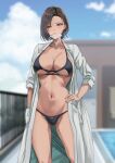  ass_visible_through_thighs asymmetrical_bangs bikini black_bikini blue_sky blurry blurry_background blush breasts brown_eyes brown_hair cigarette cleavage collarbone day depth_of_field duplicate feet_out_of_frame hand_on_hip kesoshirou labcoat large_breasts long_sleeves looking_away looking_to_the_side navel open_clothes original outdoors parted_lips pixel-perfect_duplicate pool rooftop short_hair sky standing swimsuit underboob 