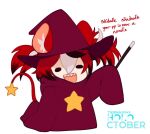  1girl :d animal_ear_fluff animal_ears artist_name black_hair english_text hakos_baelz holding holding_wand hololive hololive_english long_hair long_sleeves meme mouse_ears multicolored_hair red_hair red_headwear red_robe robe skidadle_skadoodle_(meme) sleeves_past_fingers sleeves_past_wrists smile solo star_(symbol) star_print teeth twintails upper_teeth_only virtual_youtuber wand white_hair yoako 