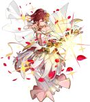  1girl anna_(fire_emblem) bare_shoulders bow_(weapon) breasts detached_sleeves dress feather_trim fire_emblem fire_emblem_awakening fire_emblem_heroes full_body gold_trim gradient_clothes hair_ornament halterneck highres holding holding_bow_(weapon) holding_weapon konfuzikokon long_dress long_hair medium_breasts non-web_source ponytail red_eyes red_hair solo transparent_background weapon wedding_dress white_dress 