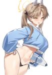  1girl :p absurdres animal_ears bikini black_bikini black_bikini_bottom blue_archive blue_hoodie blush breasts brown_hair cropped_hoodie fake_animal_ears halo highres hood hoodie large_breasts long_hair looking_at_viewer mendou_kusai moe_(blue_archive) moe_(swimsuit)_(blue_archive) navel official_alternate_costume side-tie_bikini_bottom solo stomach swimsuit tongue tongue_out twintails yellow_eyes yellow_halo 