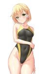  1girl absurdres black_one-piece_swimsuit blonde_hair breasts collarbone competition_swimsuit covered_navel green_eyes hair_ornament hairclip highleg highleg_swimsuit highres kariya_wakana ncontrail_(mgax7527) one-piece_swimsuit sanoba_witch short_hair simple_background small_breasts solo swimsuit thigh_gap two-tone_swimsuit 