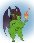  absurd_res big_breasts blen_bodega breasts brown_hair female fire genitals goblin hair hi_res humanoid membrane_(anatomy) membranous_wings nipples pussy solo thick_thighs wings 