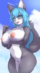  2023 4_fingers ahoge anthro areola big_breasts blue_eyes blue_hair blush breasts canid canine canis claws cloud countershading cute_fangs deng_keon digital_media_(artwork) dipstick_tail domestic_dog female female_anthro finger_claws fingers fur genitals grey_body grey_fur hair hanul hi_res kemono long_hair looking_at_viewer mammal markings multicolored_body multicolored_fur navel nipples nude open_mouth portrait pussy sky solo tail tail_markings thick_thighs three-quarter_portrait tongue two_tone_body two_tone_fur white_body white_fur wide_hips 