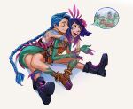  2girls :d absurdres arm_tattoo bare_shoulders blue_hair braid brown_shorts closed_mouth cloud_tattoo colored_skin crop_top flower freckles green_skin green_tail hair_flower hair_ornament highres hug hug_from_behind jinx_(league_of_legends) league_of_legends lizard_tail long_hair medium_hair multiple_girls neeko_(league_of_legends) orange_eyes pink_flower pink_hair pink_skin pirateinvicta purple_footwear purple_hair purple_skin shorts shoulder_tattoo simple_background sitting smile speech_bubble tail tattoo teeth toeless_footwear upper_teeth_only white_background 