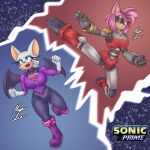  1:1 amy_rose anthro bat bodysuit clothing curvaceous curvy_figure cybernetic_eye cybernetics cyborg duo eulipotyphlan eyelashes fangs female fight hedgehog hi_res kick long_eyelashes machine mammal mayaalee netflix open_mouth roboticized rouge_the_bat rusty_rose sega skinsuit sonic_prime sonic_the_hedgehog_(series) spread_wings teeth tight_clothing voluptuous wings 