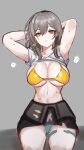  1girl armpits arms_behind_head arms_up bikini bottomless breasts clothes_lift heavy_breathing highres honkai:_star_rail honkai_(series) large_breasts looking_at_viewer mini2chainz open_mouth shirt_lift short_hair simple_background sitting sketch solo stelle_(honkai:_star_rail) stomach stretching swimsuit thighs trailblazer_(honkai:_star_rail) yellow_eyes 