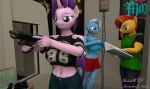  3d_(artwork) abs anthro big_breasts bottomwear breasts clothing digital_media_(artwork) ear_piercing equid equine female friendship_is_magic group gun hasbro horn horse looking_at_another male mammal my_little_pony piercing pony ranged_weapon robertwtf shirt skirt source_filmmaker starlight_glimmer_(mlp) sunburst_(mlp) tank_top topwear trixie_(mlp) unicorn weapon 