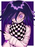  1boy a_(poipiku_325815) blood checkered_clothes checkered_scarf commentary_request danganronpa_(series) danganronpa_v3:_killing_harmony grin hair_between_eyes hand_on_own_arm hand_up impaled jacket long_sleeves looking_at_viewer male_focus oma_kokichi open_mouth purple_eyes purple_hair scarf short_hair smile solo straitjacket sweatdrop teeth upper_body white_jacket wide-eyed 