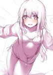  1girl absurdres breasts commentary_request fate/kaleid_liner_prisma_illya fate_(series) hair_between_eyes highres hood hoodie illyasviel_von_einzbern long_hair navel seven_d3t simple_background small_breasts solo underwear zipper_pull_tab 
