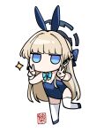  1girl animal_ears blonde_hair blue_archive blue_eyes blue_leotard chibi detached_collar double_v fake_animal_ears full_body halo junsuina_fujunbutsu leotard long_hair looking_at_viewer multicolored_hair no_mouth playboy_bunny rabbit_ears signature simple_background solo sparkle standing standing_on_one_leg streaked_hair thighhighs toki_(blue_archive) toki_(bunny)_(blue_archive) v very_long_hair white_background white_thighhighs 
