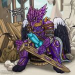  absurd_res animal_genitalia animal_penis anthro armor avian canine_genitalia canine_penis fallflys for_honor_(game) genitals gryphon hi_res male melee_weapon mythological_avian mythology penis sitting solo sword weapon wings winter_(glacial_gryphon) 