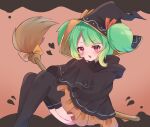  1girl black_socks black_thighhighs blush broom cloak coni_confetti facial_mark gradient_hair green_hair hair_ribbon hat heart highres idol_corp looking_at_viewer multicolored_hair open_mouth orange_skirt pink_eyes ribbon short_twintails skirt socks solo thighhighs thighs twintails witch_hat 