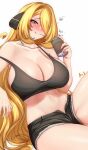  1girl alcohol anisdrawn artist_name bare_legs beer beer_can black_shorts blonde_hair blush breasts can cleavage closed_mouth cynthia_(pokemon) drunk green_eyes hair_over_one_eye highres holding holding_can large_breasts long_hair looking_at_viewer midriff navel off_shoulder pokemon pokemon_dppt short_shorts shorts sitting smile solo stomach tank_top thighs unzipped very_long_hair white_background 