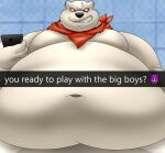  absurd_res anthro bathroom bear belly big_belly camp14 caption chubby_anthro chubby_male emoji epic_games eye_scar facial_scar fortnite hi_res holding_object holding_phone hyper hyper_belly male mammal moobs morbidly_obese morbidly_obese_anthro morbidly_obese_male navel obese obese_anthro obese_male overweight overweight_anthro overweight_male phone polar_bear polar_patroller scar scarf selfie sink solo ursine 