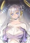  1girl bare_shoulders blue_eyes blush breasts cleavage closed_mouth collarbone crossed_bangs doraeshi double_bun elbow_gloves gloves gold grey_hair hair_between_eyes hair_bun halo hands_on_own_chest hands_up jewelry large_breasts long_hair looking_at_viewer multiple_halos neck_ring original purple_gloves smile solo upper_body 