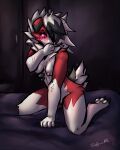  absurd_res anthro canid canine covering covering_mouth covering_own_mouth covering_self detailed_background female flustered generation_7_pokemon hi_res kneeling looking_at_viewer lycanroc mammal midnight_lycanroc nintendo pokemon pokemon_(species) signature solo taffyrukite 
