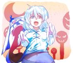  1girl blue_eyes blue_hair breasts commentary crescent_moon cross-laced_clothes dr._addamelech hair_between_eyes heterochromia highres karakasa_obake long_sleeves looking_at_viewer moon navel open_mouth purple_umbrella red_eyes solo tatara_kogasa tongue touhou umbrella upper_body yellow_background 