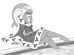 absurd_res anthro blush breath_of_the_wild clothing female hi_res marine mipha monochrome nintendo partially_submerged_legs poolside robe sitting solo spiderweber the_legend_of_zelda towel towel_on_head towel_wrap zora 
