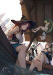  4girls barefoot black_panties black_thighhighs blonde_hair blue_eyes braid breasts brown_eyes brown_hair bustier character_request cleavage commentary_request copyright_request earrings fairy fantasy feet floating foot_bath foot_focus green_hair halterneck hat highres jewelry knees large_breasts legs long_hair looking_at_viewer multiple_girls navel nude panties purple_eyes red_hair ribbon scenery shirt short_hair side_ponytail signature sitting skirt sodas_red soles sparkle thighhighs thighs toes towel town underwear white_shirt witch witch_hat wooden_ceiling 