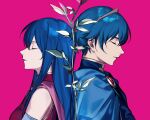  1boy 1girl back-to-back bare_shoulders blue_cape blue_eyes caeda_(fire_emblem) cape closed_eyes crown dress fire_emblem fire_emblem:_mystery_of_the_emblem highres long_hair marth_(fire_emblem) mik_blamike parted_lips pink_background pink_scarf red_dress scarf short_hair upper_body 