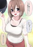  1girl baseball_cap breasts brown_hair cleavage day hair_between_eyes hat highres holding holding_clothes holding_hat ikari_manatsu kamihira_mao large_breasts looking_at_viewer medium_hair open_mouth original outdoors purple_eyes red_shorts shirt shorts smile solo speech_bubble sportswear translation_request white_shirt 