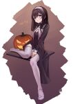  1girl black_dress black_hair blue_eyes blush breasts cleavage cleavage_cutout clothing_cutout coif dress frilled_sleeves frills habit hair_between_eyes hairband halloween highres idolmaster idolmaster_cinderella_girls idolmaster_cinderella_girls_starlight_stage long_hair looking_at_viewer medium_breasts nun open_mouth pumpkin sagisawa_fumika simple_background sitting thighhighs viq white_thighhighs 