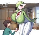  2023 big_breasts breasts clothed clothing duo english_text female gardevoir generation_3_pokemon green_body green_hair hair hi_res huge_breasts human larger_female male mammal nintendo not_furry pokeball pokemon pokemon_(species) saltyxodium size_difference smaller_human smaller_male text white_body 