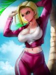  absurdres alternate_breast_size android android_18 arms_behind_head blonde_hair blue_eyes breasts cleavage cloud cloudy_sky covered_nipples dragon_ball dragon_ball_super earrings elite_nappa eyelashes highres holding holding_hair jacket jewelry large_breasts non-web_source official_alternate_costume palm_tree pants partially_unzipped pink_jacket pink_pants puckered_lips shaded_face skindentation sky tank_top track_jacket track_pants track_suit tree watermark white_tank_top zipper 
