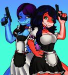  absurd_res anthro beaverbastard blue_body blue_hair blue_scales bow_tie breasts cleavage clothed clothing cobalt_(brighton1138) duo eyelashes female feylene_(brighton1138) girly green_eyes gun hair handgun hi_res highlights_(coloring) kobold long_hair maid_uniform male male/female pistol pose purple_hair ranged_weapon red_body red_eyes red_scales scales sibling smile twins uniform weapon 