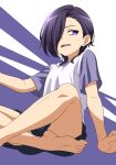  1boy barefoot dokushibuki feet hair_over_one_eye hataraku_maou-sama! highres legs male_focus open_mouth purple_eyes purple_hair shirt short_sleeves shorts solo t-shirt toenails toes urushihara_hanzou 