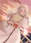  1girl absurdres bag bouquet braid brown_eyes collared_dress commission dating dress dutch_angle flower gift_bag grey_hair highres holding holding_bouquet kantai_collection long_hair mizunototori ocean open_mouth pola_(kancolle) puffy_short_sleeves puffy_sleeves shopping_bag short_sleeves solo white_dress white_flower 