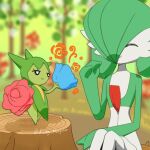  2girls ^_^ artist_name black_eyes blue_flower blue_rose blurry blurry_background bob_cut bright_pupils closed_eyes closed_mouth colored_skin commentary_request day flat_chest flower gardevoir green_hair green_skin hair_over_one_eye half-closed_eyes hand_up happy hoshinonmi legs_together looking_at_another monster_girl multicolored_skin multiple_girls one_eye_covered outdoors plant_girl pokemon pokemon_(creature) red_flower red_rose rose roselia_(pokemon) short_hair signature sitting size_difference smile standing tree_stump twitter_username two-tone_skin white_pupils white_skin 