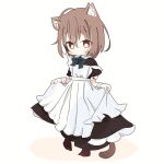  1girl ahoge alternate_costume animal_ears apron braid braided_bangs brown_eyes brown_hair cat_ears cat_girl cat_tail crossed_bangs hololive hololive_english maid maid_apron multicolored_hair nanashi_mumei official_alternate_hairstyle potato7192 ribbon short_hair skirt_hold streaked_hair tail virtual_youtuber 