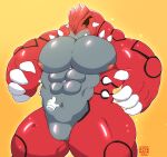  abs absurd_res anthro biceps claws digital_drawing_(artwork) digital_media_(artwork) digital_painting_(artwork) fangs generation_3_pokemon grey_body groudon hi_res hollowpup legendary_pokemon male male/male muscular navel nintendo nipples pecs pokemon pokemon_(species) red_body reptile scalie simple_background solo teeth yellow_background yellow_eyes 