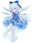  1girl :o absurdres barefoot blue_bow blue_dress blue_eyes blue_hair bow cirno collared_shirt commentary dress hair_bow highres ice ice_wings kani_nyan knees_together_feet_apart light_blue_hair looking_at_viewer open_mouth partially_submerged pinafore_dress red_ribbon ribbon shirt short_sleeves sleeveless sleeveless_dress solo touhou water white_shirt wings 