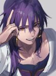  1boy absurdres earrings freng hair_between_eyes highres hoop_earrings jewelry long_hair magi_the_labyrinth_of_magic male_focus medium_hair open_mouth purple_hair sinbad_(magi) smile solo upper_body yellow_eyes 