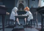  2girls aged_down board_game chair checkered_floor chess chessboard dress green_eyes grey_eyes lamp long_hair multiple_girls on_chair orange_hair painting_(object) plant reverse:1999 scenery shoes socks sonetto_(reverse:1999) table tyomesuke vase vertin_(reverse:1999) white_dress white_hair white_socks window 