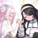  2girls arm_wrestling bangs black_hair blue_archive blunt_bangs breasts broken capelet cleavage cleavage_cutout clothing_cutout commentary_request habit hair_bun hair_ornament hair_over_one_eye halo hinata_(blue_archive) holding_hands long_hair long_sleeves looking_at_another mika_(blue_archive) multiple_girls nun o_(rakkasei) one_side_up pink_hair sidelocks simple_background single_side_bun white_background wide_sleeves 