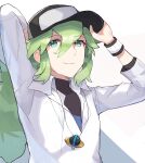  1boy baseball_cap collared_shirt green_eyes green_hair hat highres jewelry male_focus n_(pokemon) necklace pokemon pokemon_(game) pokemon_bw ponytail shirt solo spyg undershirt upper_body white_background wristband 