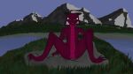  anthro anus drato female genitals green_eyes hi_res ineeris kobold magenta_body mountain pussy solo spread_legs spreading water 