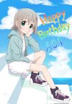 1girl birthday blush character_name cloud dated day dot_nose english_text grey_hair hair_ornament hairclip happy_birthday highres looking_at_viewer medium_hair no_socks shoes sitting sky smile sneakers solo stairs su6546age yama_no_susume yukimura_aoi 