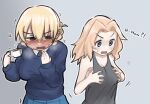  2girls absurdres armpits black_necktie blue_eyes blue_skirt blue_sweater blush braid breasts cleavage cowboy_shot cup darjeeling_(girls_und_panzer) english_commentary english_text french_braid girls_und_panzer grabbing_own_breast grey_background grey_tank_top hair_between_eyes hair_intakes highres hunched_over kay_(girls_und_panzer) large_breasts long_hair m1saki_1 multiple_girls necktie school_uniform shirt skirt st._gloriana&#039;s_school_uniform sweat sweater tank_top teacup white_shirt 