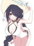  !? 1girl absurdres at_congju bikini black_bikini black_choker black_hair blue_archive blush braid breasts choker cleavage clothing_cutout collarbone covered_navel covered_nipples criss-cross_halter flower hair_over_one_eye halterneck hat hat_flower highres hinata_(blue_archive) hinata_(swimsuit)_(blue_archive) large_breasts leaning_forward looking_at_viewer multi-strapped_bikini official_alternate_costume one-piece_swimsuit one_eye_covered red_eyes side-tie_bikini_bottom side_cutout simple_background solo spoken_interrobang sun_hat sweatdrop swimsuit white_background white_one-piece_swimsuit 