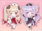  2girls :3 absurdres alternate_costume animal_ears apron black_apron black_footwear black_headwear black_socks blonde_hair blush cat_ears cat_girl commentary_request dog_ears dog_girl dress ear_ribbon full_body hat heart heart_o-ring heart_print highres ina_uruu kino_haruc long_hair looking_at_viewer low_twintails multicolored_hair multiple_girls nanashi_inc. nurse_cap o-ring o-ring_thigh_strap one_eye_closed open_mouth outline paw_pose pink_background pink_hair pocket purple_dress purple_hair red_apron red_eyes red_hair seshima_rui shirt shoes smile socks thigh_strap twintails two-tone_hair virtual_youtuber white_dress white_footwear white_headwear white_outline white_shirt white_socks wristband 