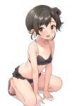  absurdres all_fours b1ack_illust bikini black_bikini black_hair blush character_request earrings hair_bun highres jewelry looking_at_viewer open_mouth red_eyes sandals short_hair simple_background single_hair_bun swimsuit white_background 