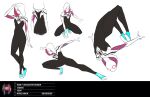  1girl alternate_color aqua_footwear black_bodysuit bodysuit concept_art full_body gwen_stacy highres hood hooded_bodysuit kris_anka looking_at_viewer marvel official_art print_bodysuit reference_sheet simple_background skin_tight spider-gwen spider-man:_across_the_spider-verse spider-man_(series) spider_web_print standing superhero two-tone_bodysuit white_bodysuit 