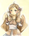  1girl 7mmnote ahoge blush brown_eyes brown_hair choker collared_cape fire_emblem fire_emblem_fates flower hair_flower hair_ornament highres looking_at_viewer mozu_(fire_emblem) solo traditional_media upper_body 