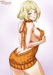  artist_name ashley_graham blonde_hair blush breasts dated grabbing_own_breast green_eyes looking_at_viewer looking_back medium_breasts meme_attire mina_cream orange_sweater pink_background resident_evil resident_evil_4 resident_evil_4_(remake) ribbon short_hair signature sweater virgin_killer_sweater 