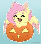  big_ears chibi embarrassed equid equine eyes_closed feathers female feral fluttershy_(mlp) food friendship_is_magic fruit hair hasbro hi_res horse jack-o&#039;-lantern long_hair magic mammal my_little_pony plant pony pumpkin smile solo volodyanocturne wings 