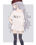  1girl bare_shoulders black_thighhighs blush brown_eyes clothes_writing collarbone commentary_request commission feet_out_of_frame g11_(girls&#039;_frontline) girls&#039;_frontline grey_background grey_hair hair_between_eyes hand_on_own_hip highres long_hair off_shoulder shirt short_sleeves skeb_commission solo standing thighhighs uzoumuzo very_long_hair white_shirt 